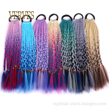 Synthetic Hair Ties Gradient Crochet Braid 12 inch Colorful Hair-Ring Braid Ponytail for Women Braided Drawstring Ponytail